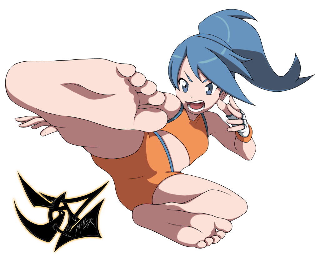 10s barefoot battle_girl_(pokemon) blue_eyes blue_hair feet kicking npc_trainer open_mouth pokemon pokemon_(game) pokemon_oras ponytail soles
