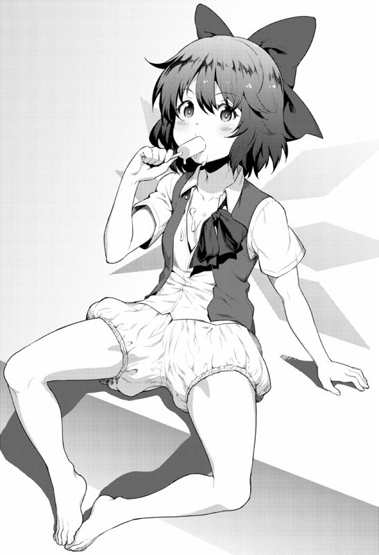 1girl bangs barefoot bloomers bow cirno eating feet feet_together food full_body greyscale hair_bow hiroya_juuren ice_cream looking_at_viewer monochrome shirt short_hair short_sleeves simple_background sitting solo touhou underwear