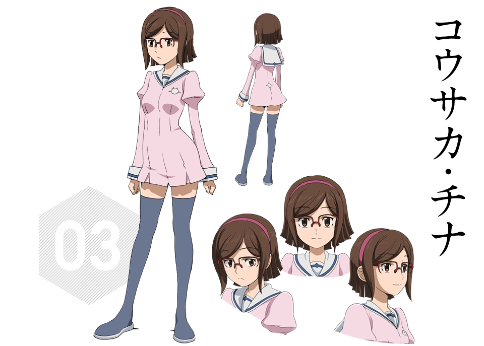 1girl back breasts brown_eyes brown_hair dress glasses gundam gundam_build_fighters hairband highres kanji kousaka_china legwear looking_at_viewer looking_away number short_hair simple_background small_breasts solo standing text white_background