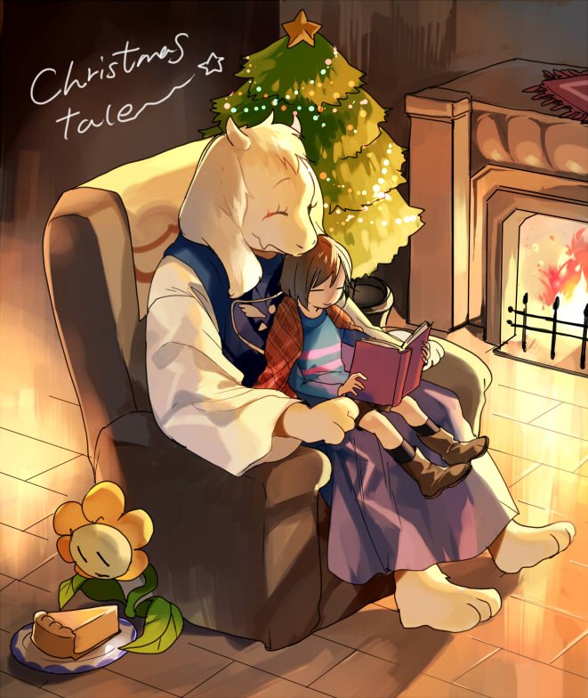 1girl artist_request christmas cuddling frisk_(undertale) furry goat reading sitting toriel undertale