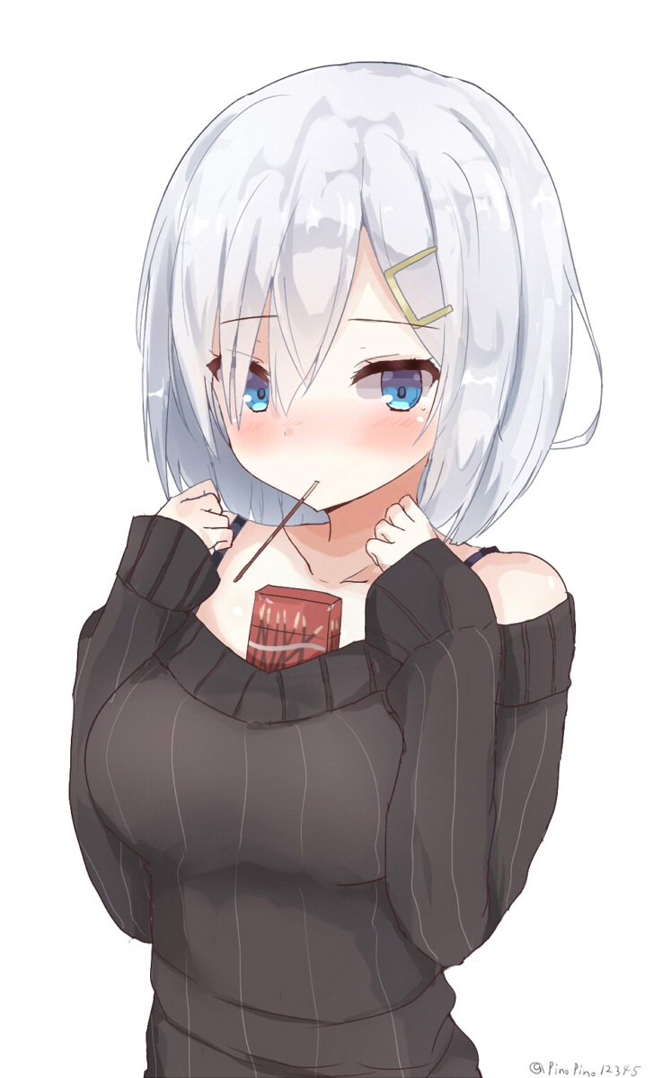 1girl bare_shoulders between_breasts black_sweater blue_bra blue_eyes blush bra breasts collarbone eyebrows eyebrows_visible_through_hair food hair_ornament hairclip hamakaze_(kantai_collection) highres kantai_collection large_breasts long_sleeves looking_at_viewer pinoaisu pocky ribbed_sweater shiny shiny_hair short_hair silver_hair simple_background sleeves_past_wrists solo sweater twitter_username underwear upper_body white_background