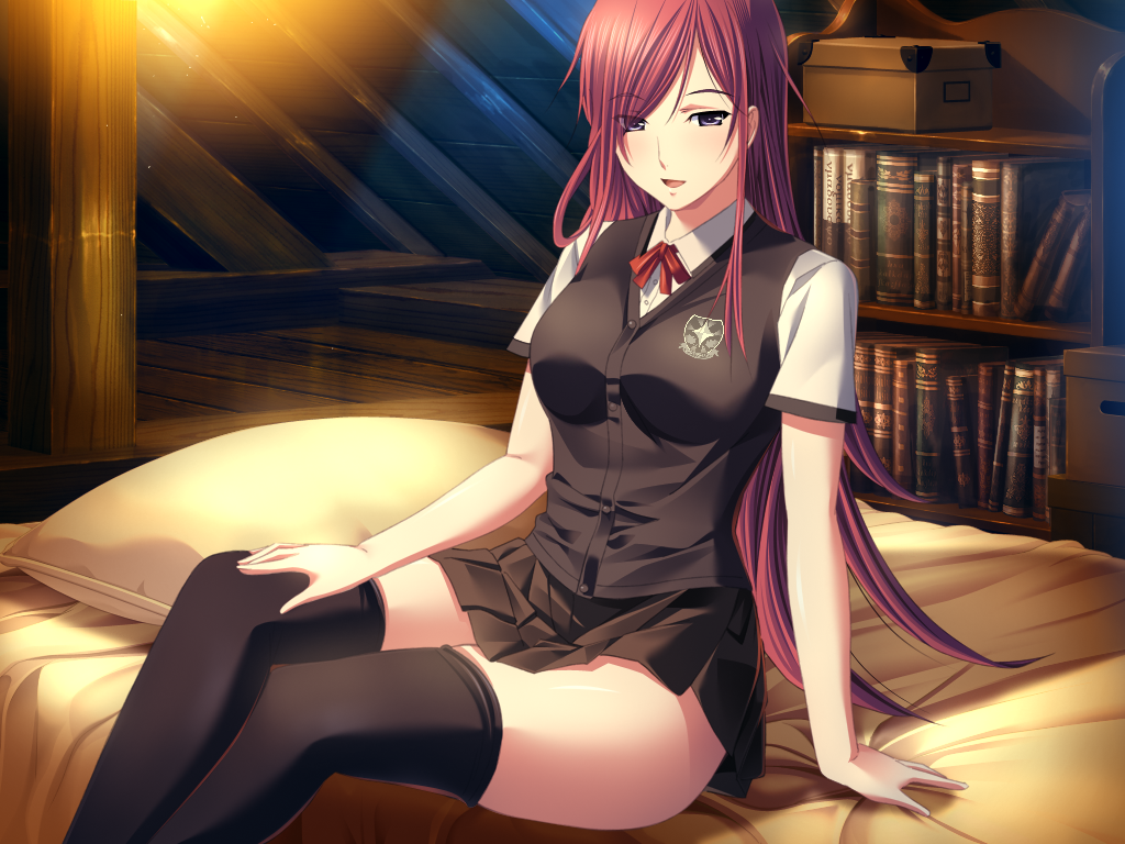 1girl artist_request black_legwear character_request game_cg indoors long_hair redhead school_uniform skirt solo source_request tagme thigh-highs