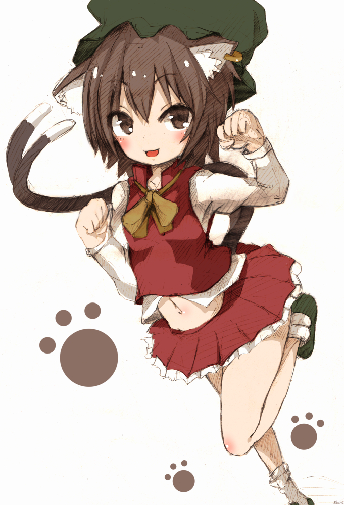 1girl :d animal_ears bangs blush brown_eyes brown_hair cat_ears cat_paws cat_tail chen frilled_skirt frills hair_between_eyes hat jewelry kihuzinz long_sleeves long_tail looking_at_viewer mary_janes midriff mob_cap multiple_tails navel open_mouth paw_pose paws pleated_skirt red_skirt red_vest shoes short_hair simple_background single_earring sketch skirt smile socks solo standing standing_on_one_leg tail touhou tsurime two_tails vest white_background