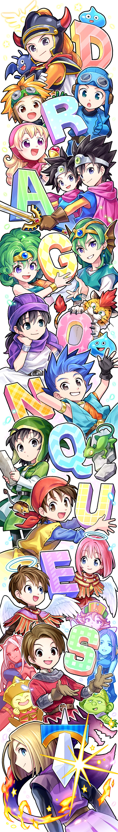 6+boys 6+girls absurdres aqua_clothes armlet armor bandanna belt black_eyes black_hair blonde_hair blue_armor blue_clothes blue_eyes blue_gloves borongo bracer brown_eyes brown_gloves brown_hair cape chainmail circlet copyright_name dragon dragon_quest dragon_quest_i dragon_quest_ii dragon_quest_iii dragon_quest_iv dragon_quest_ix dragon_quest_v dragon_quest_vi dragon_quest_vii dragon_quest_viii dragon_quest_x dragon_quest_xi drakee dwarf_(dq10) earrings elf_(dq10) feathered_wings fingerless_gloves gloves goggles goggles_on_headwear green_clothes green_hair halo helmet hero_(dq1) hero_(dq10) hero_(dq11) hero_(dq4) hero_(dq5) hero_(dq7) hero_(dq8) hero_(dq9) heroine_(dq4) heroine_(dq9) highres horned_helmet jewelry lizard long_image monster mouse multiple_boys multiple_girls munchie_(dq8) ogre_(dq10) orange_clothes pink_hair pointy_ears prince_of_lorasia prince_of_samantoria princess_of_moonbrook puklipo purple_cape purple_clothes purple_turban red_clothes redhead rim1010 roto slime_(dragon_quest) spiky_hair stone_tablet sword tall_image turban violet_eyes weapon weddie_(dq10) white_background white_clothes wings yellow_clothes