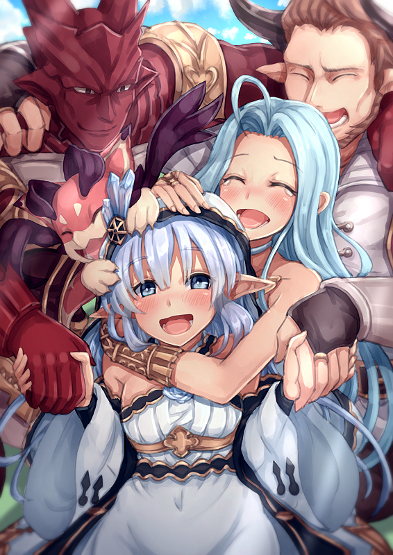 2boys 2girls :d ^_^ ahoge armor blush bracelet bridal_gauntlets character_request closed_eyes cowboy_shot doraf dragon dress granblue_fantasy hair_intakes hair_ornament hairband hand_holding hand_on_another's_head jewelry lily_(granblue_fantasy) long_hair long_sleeves looking_at_another looking_at_viewer lyria_(granblue_fantasy) multiple_boys multiple_girls opanchu_(pixiv259683) open_mouth pointy_ears sidelocks smile tears vee_(granblue_fantasy) wide_sleeves