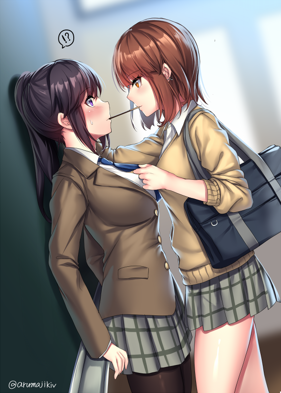 !? 2girls aruma_jiki bag black_hair black_legwear blazer blush breasts brown_eyes brown_hair cardigan chalkboard earrings food jacket jewelry large_breasts long_hair long_sleeves multiple_girls necktie necktie_grab neckwear_grab original pantyhose pleated_skirt pocky pocky_kiss ponytail school_bag school_uniform shared_food short_hair skirt spoken_interrobang violet_eyes yuri