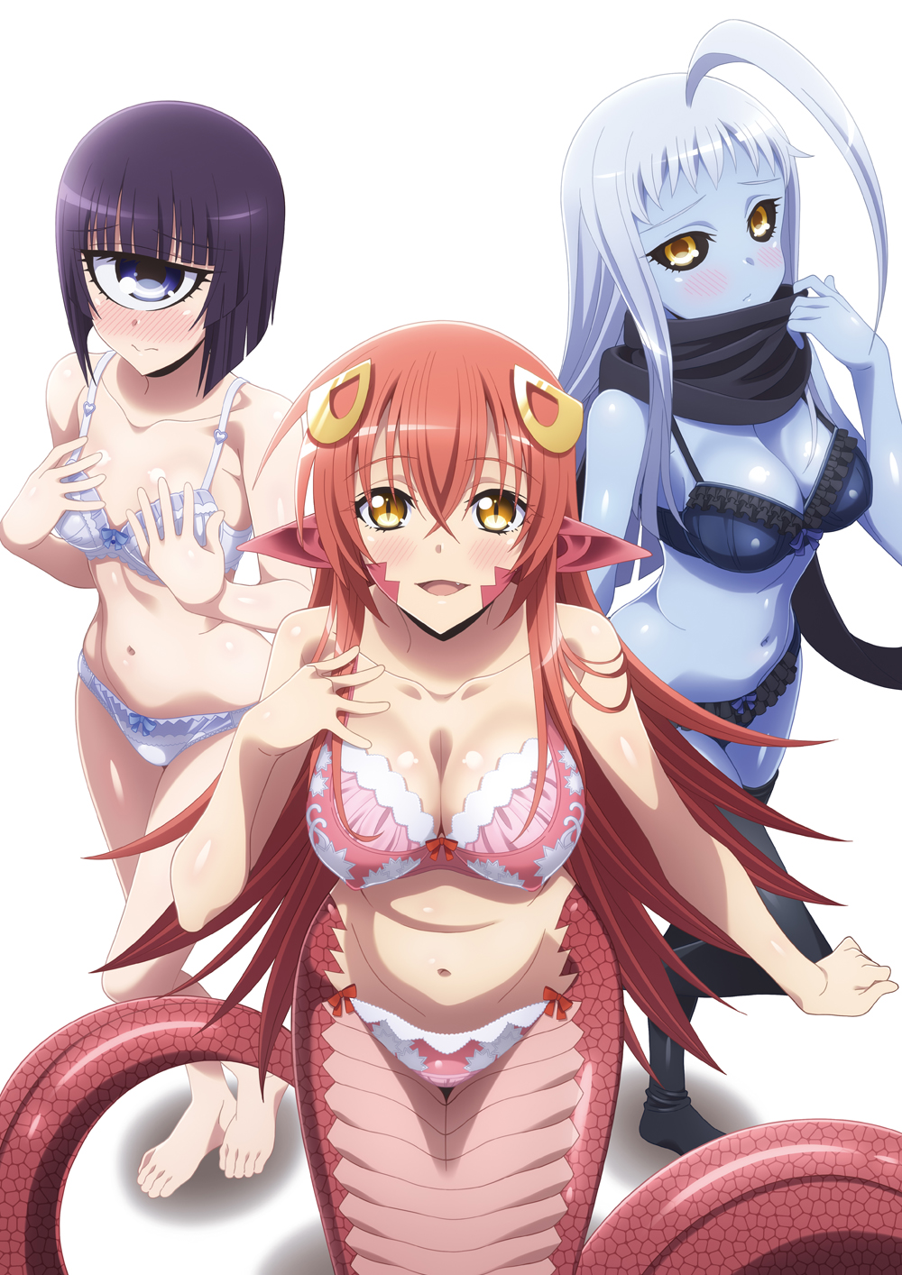 3girls ahoge black_bra black_legwear black_panties black_sclera blue_eyes blue_skin bra breasts cleavage closed_mouth collarbone cyclops dullahan fang hair_ornament hairclip hand_on_own_chest highres huge_ahoge lala_(monster_musume) lamia long_hair manako_(monster_musume) medium_breasts miia_(monster_musume) monster_girl monster_musume_no_iru_nichijou multiple_girls navel official_art one-eyed open_mouth panties pointy_ears purple_hair redhead scales scarf shadow short_hair simple_background slit_pupils small_breasts standing thigh-highs underwear underwear_only very_long_hair white_background white_hair yellow_eyes