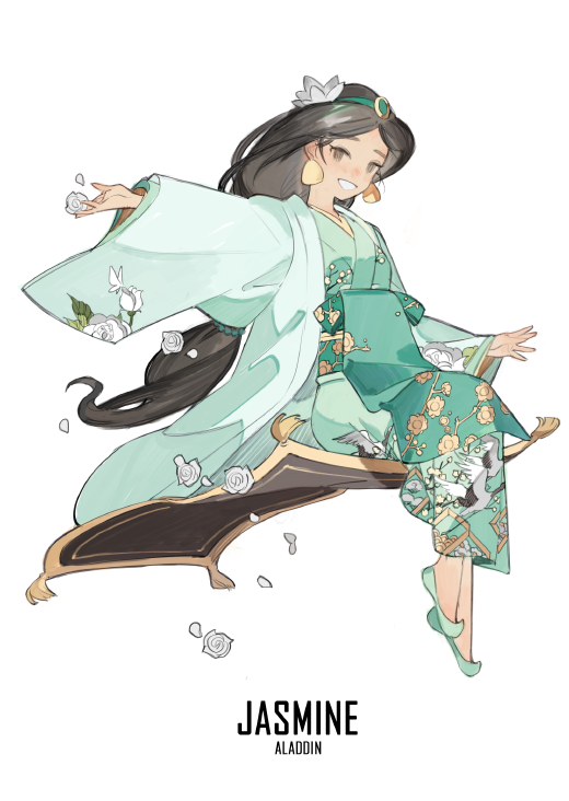 1girl :d adapted_costume aladdin_(disney) bird_print black_eyes black_hair breasts carpet character_name dark_skin disney earrings flower flying full_body green_shoes hair_flower hair_ornament japanese_clothes jasmine_(disney) jewelry kimono long_hair long_sleeves low-tied_long_hair obi open_mouth outstretched_arm pointy_shoes print_kimono sash shoes simple_background sitting small_breasts smile solo starshadowmagician tassel tiara very_long_hair white_flower wide_sleeves