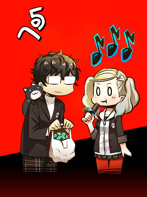 1boy 1girl 1other amamiya_ren atlus bag bangs black_background blonde_hair blue_eyes brown_hair candy_bar chibi eating food glasses ground_vehicle hair_ornament hairclip holding hood hood_down hoodie jacket kurusu_akira megami_tensei mittens morgana_(persona_5) musical_note pantyhose parted_bangs persona persona_5 plaid plaid_skirt red_background school_emblem shopping_bag short_hair skirt smile takamaki_ann tamago_(yotsumi_works) translation_request twintails