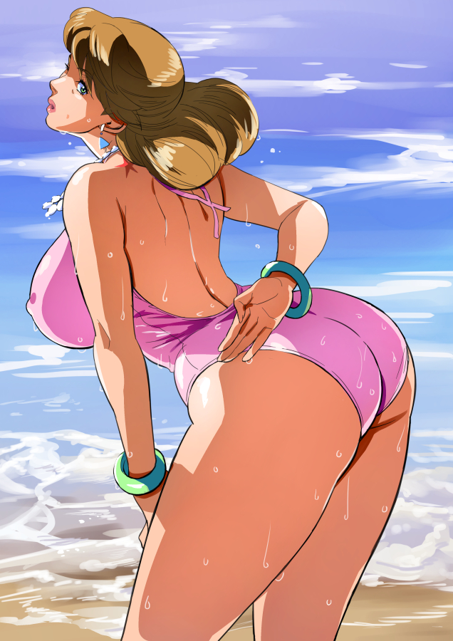 1girl ass back bent_over bracelet breasts brown_hair curvy earrings erect_nipples female green_eyes huge_ass jewelry jojo_no_kimyou_na_bouken kuujou_holly large_breasts lipstick long_hair looking_back makeup milf one-piece_swimsuit solo standing stardust_crusaders swimsuit thick_thighs volvox wet wide_hips