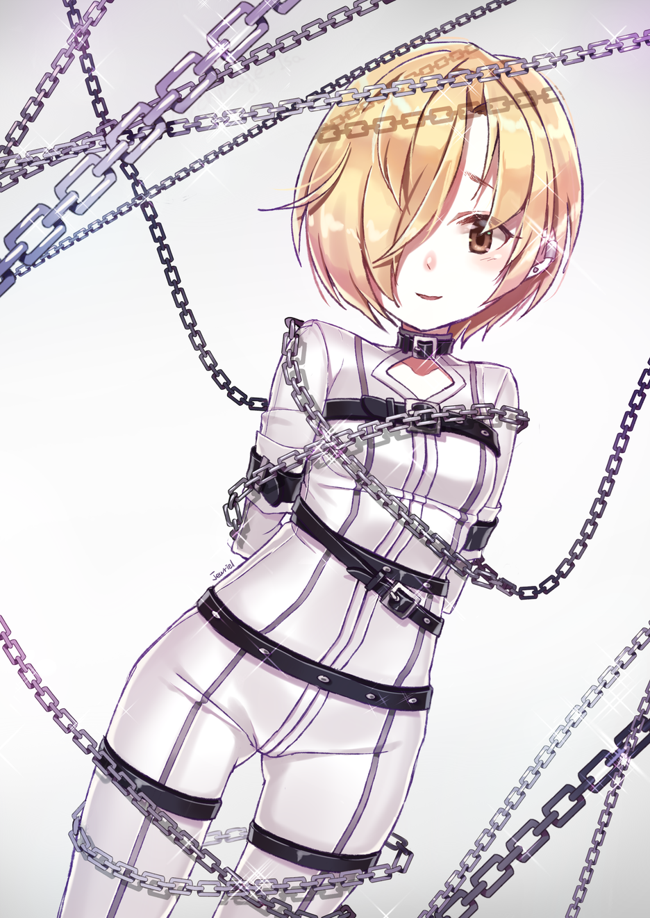 1girl arms_behind_back artist_name bdsm belt blonde_hair blush brown_eyes chains collar ear_piercing earrings hair_over_one_eye highres idolmaster idolmaster_cinderella_girls jewelry jewriel looking_at_viewer piercing restrained shirasaka_koume short_hair simple_background smile solo sparkle standing straitjacket