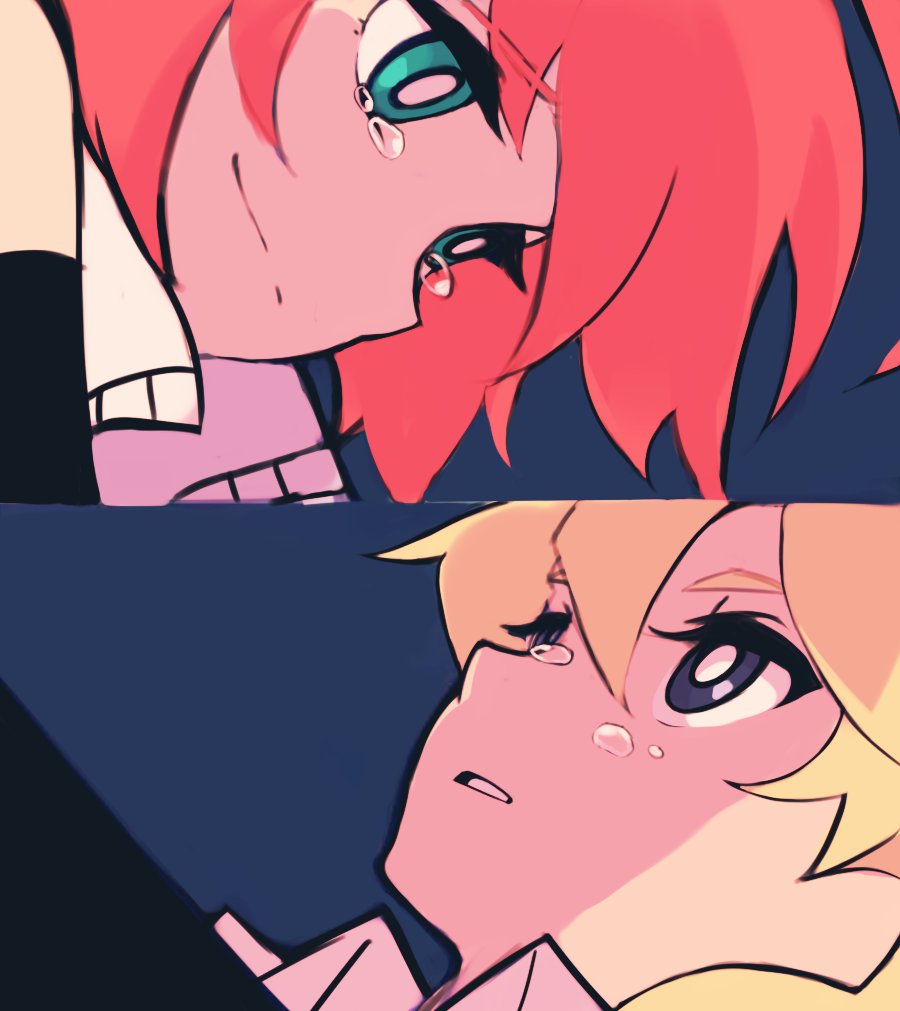 1boy 1girl 9_2fc alpha_omega_nova aqua_eyes blonde_hair blue_background blue_eyes cropped_jacket crying crying_with_eyes_open elbow_gloves gloves luluco panty_&amp;_stocking_with_garterbelt parody redhead short_hair simple_background smile split_screen spoilers tears trigger-chan uchuu_patrol_luluco