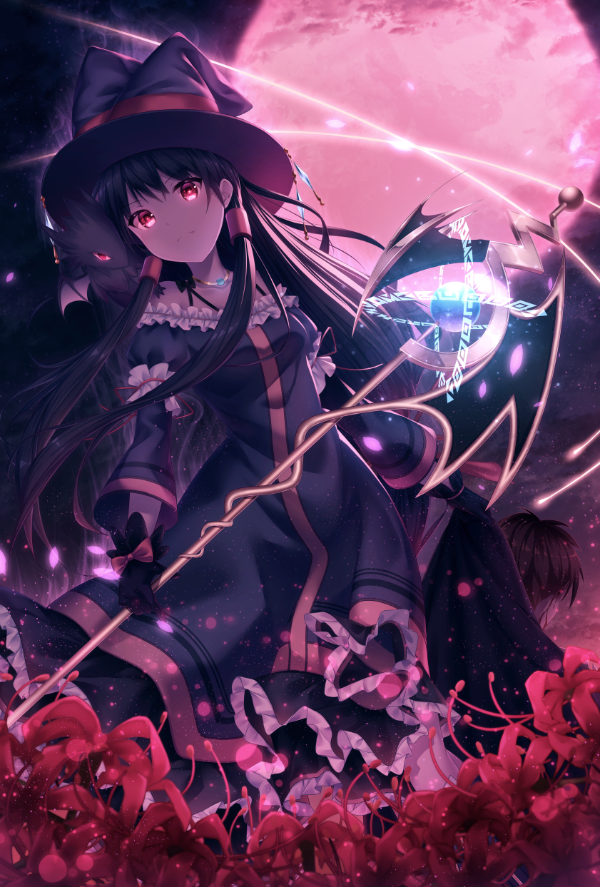 1girl black_hair blood commentary_request hair_tubes highres kokkeina_budou long_hair looking_at_viewer moon original red_eyes red_moon sidelocks staff witch