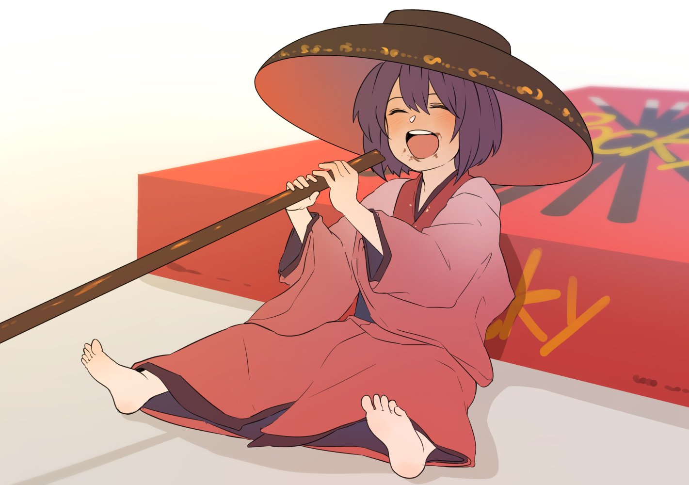 1girl ^_^ barefoot bowl bowl_hat chocolate chocolate_on_face closed_eyes eating food food_on_face full_body gradient gradient_background hair_between_eyes hat kobaji open_mouth pocky purple_hair red_kimono short_hair sitting smile solo sukuna_shinmyoumaru touhou wide_sleeves