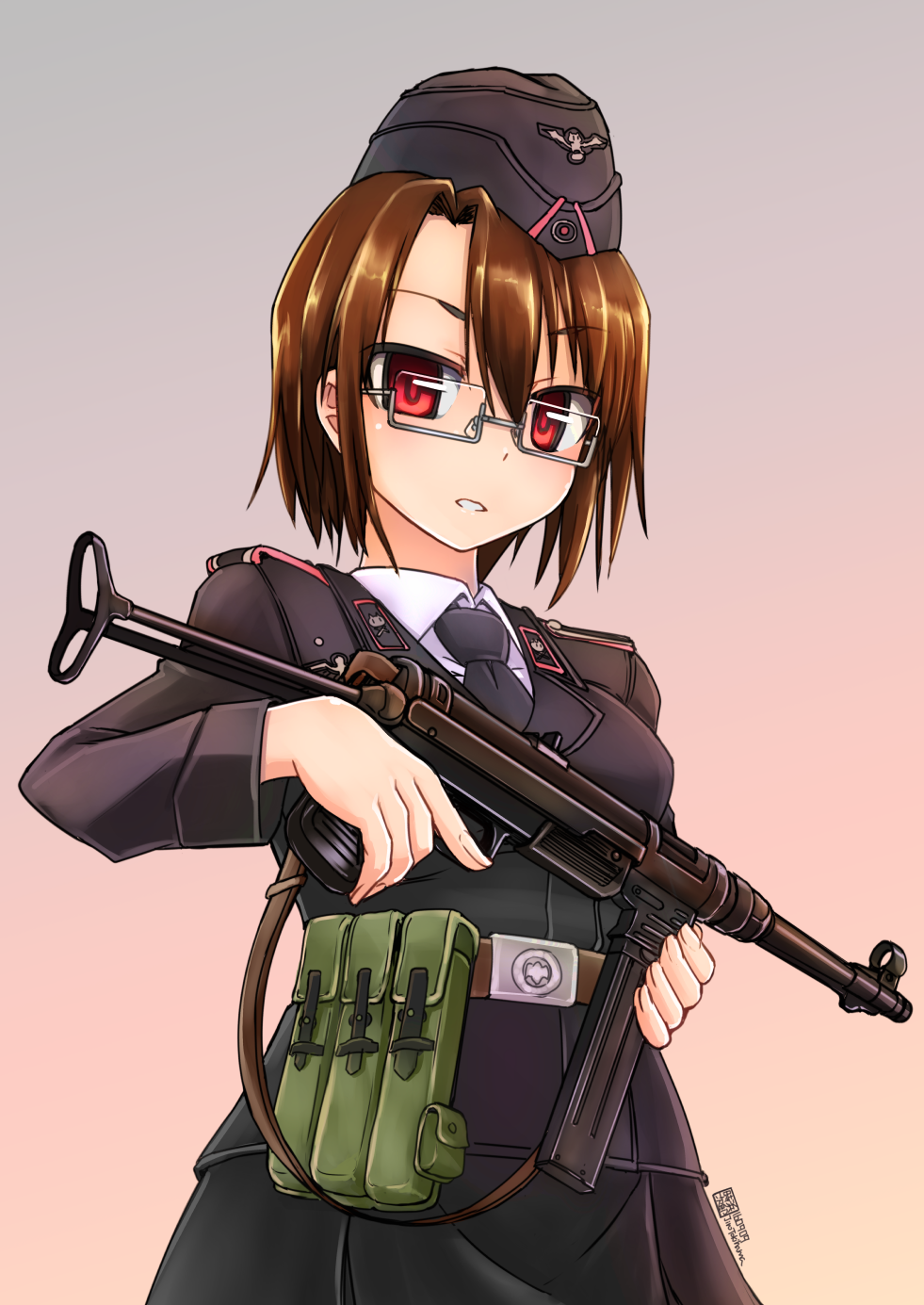 1girl adapted_uniform garrison_cap glasses gun hat highres military military_uniform mp40 original red_eyes short_hair soldier submachine_gun tokihama_jirou trigger_discipline uniform weapon world_war_ii