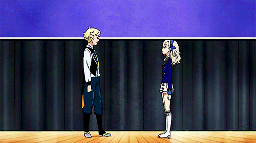 1boy 1girl animated animated_gif blonde_hair dancing school_uniform source_request