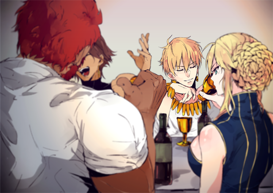 1girl 3boys ahoge artoria_pendragon_lancer_(fate/grand_order) bare_shoulders beard black_shirt blonde_hair blue_eyes blue_shirt blurry bottle braid breasts brown_hair cleavage_cutout closed_eyes dark_skin depth_of_field earrings facial_hair fate/grand_order fate_(series) from_behind gilgamesh goblet gold gradient gradient_background hair_bun hand_rest jewelry large_breasts long_hair looking_away looking_down multiple_boys necklace pvc_parfait redhead rider_(fate/prototype_fragments) rider_(fate/zero) saber shiny shiny_skin shirt sidelocks sitting sleeveless sleeveless_shirt t-shirt table tsurime turtleneck upper_body white_shirt wine_bottle
