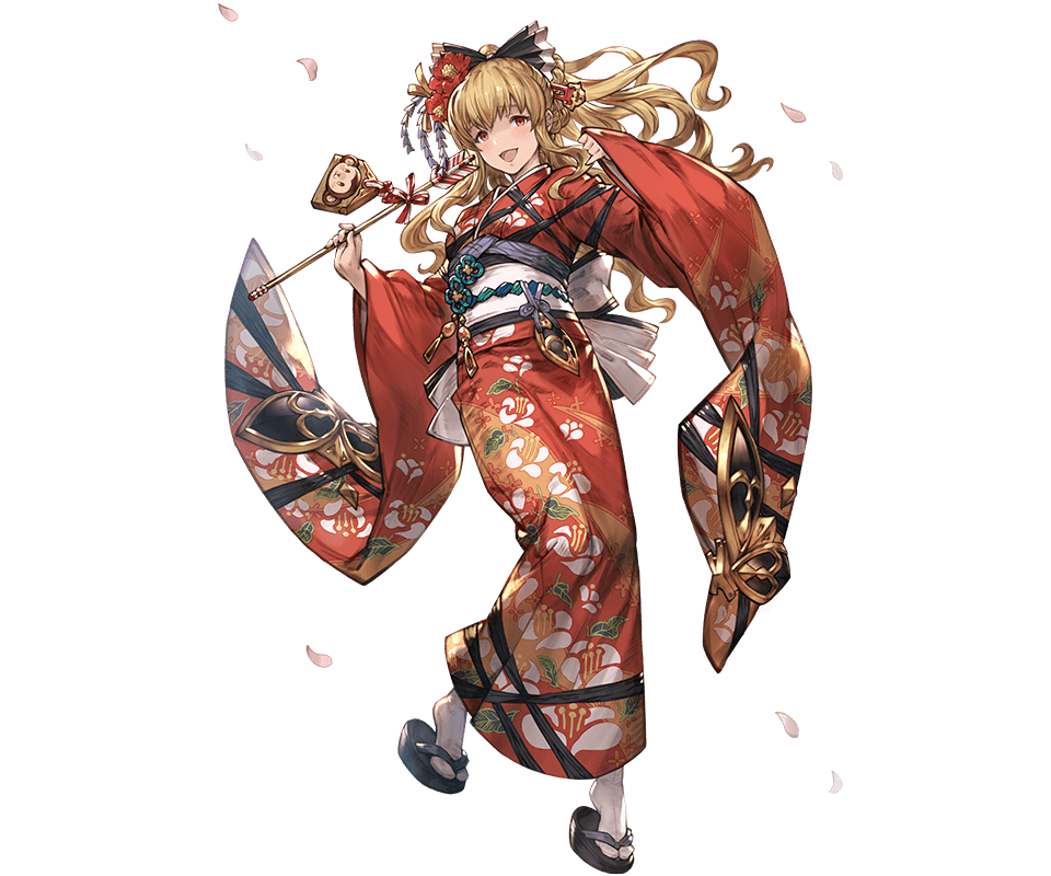 1girl blonde_hair floral_print flower full_body granblue_fantasy hair_flower hair_ornament holding japanese_clothes kimono looking_at_viewer minaba_hideo obi open_mouth petals ponytail ribbon sandals sash simple_background smile solo tabi vira wide_sleeves