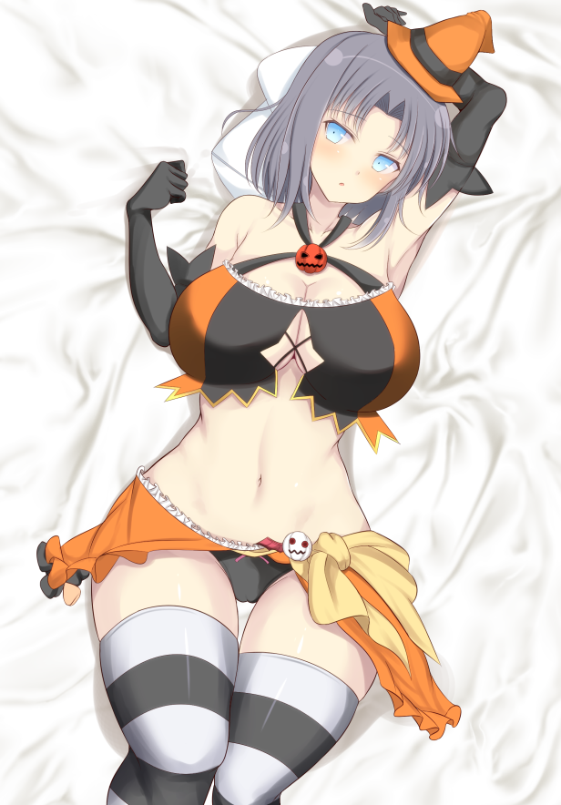 1girl bare_shoulders blue_eyes blush bow breasts cleavage collarbone hair_bow halloween halloween_costume large_breasts looking_at_viewer lying navel noeomi open_mouth ribbon senran_kagura senran_kagura_(series) short_hair solo yumi_(senran_kagura)