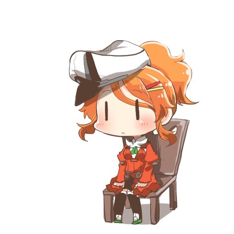 1girl aquila_(kantai_collection) black_eyes chair chibi graf_zeppelin_(kantai_collection) hair_ornament hairclip hands_on_lap hat high_ponytail kantai_collection lowres orange_hair peaked_cap rebecca_(keinelove) sitting solo