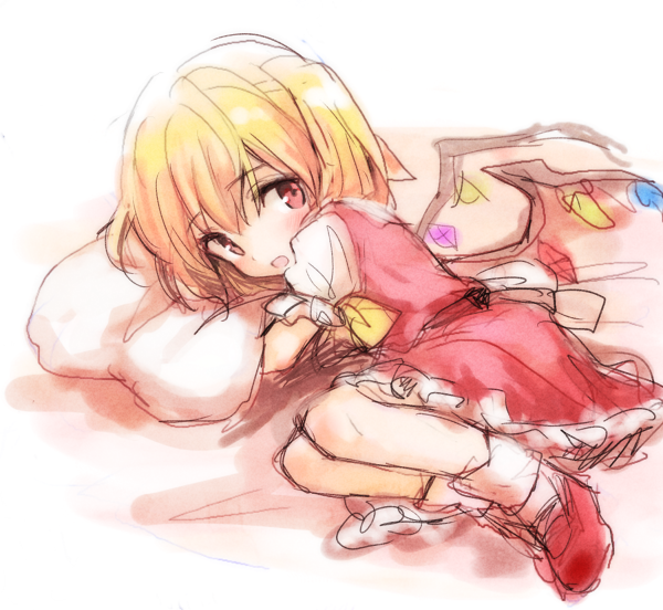 1girl ascot bed_sheet blonde_hair blush flandre_scarlet frills furorida legs_together lying mary_janes on_side open_mouth pillow pillow_hug puffy_short_sleeves puffy_sleeves red_eyes ribbon shadow shoes short_sleeves side_ponytail sketch skirt skirt_set socks solo tareme touhou wings