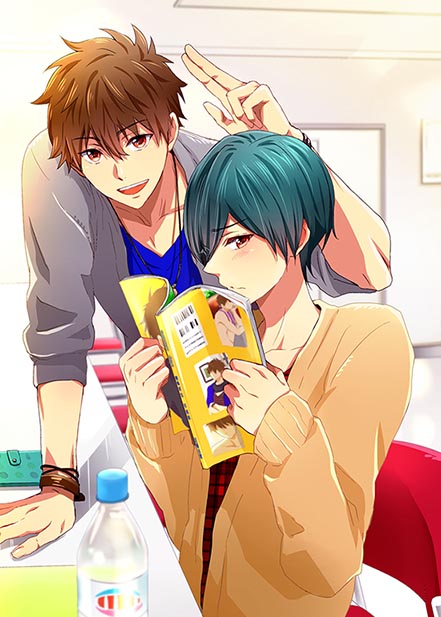 2boys azuki_66 bottle brothers brown_hair chair closed_mouth green_hair high_speed! kirishima_ikuya kirishima_natsuya looking_at_viewer magazine male_focus multiple_boys older open_mouth red_eyes short_hair sitting smile sweater v