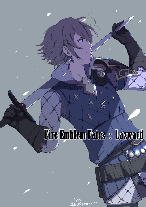 1boy artist_name dated fire_emblem fire_emblem_if gloves grey_background grey_hair kero_sweet lazward_(fire_emblem_if) male_focus simple_background solo sword upper_body weapon