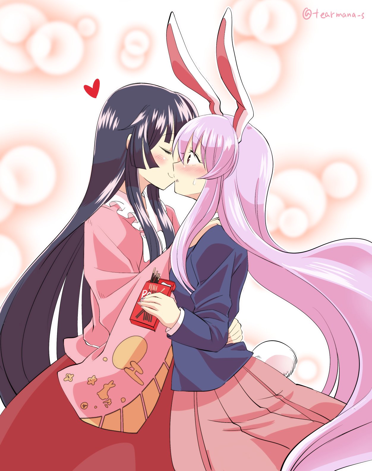 2girls animal_ears artist_name black_hair blazer blush bunny_tail closed_eyes commentary_request dress food hand_on_another's_back hand_on_another's_shoulder heart highres hime_cut holding_box houraisan_kaguya hug jacket lavender_hair long_hair mana_(gooney) multiple_girls pink_skirt pleated_skirt pocky purple_hair rabbit_ears red_eyes reisen_udongein_inaba skirt sweatdrop tagme tail touhou twitter_username very_long_hair wide_sleeves yuri