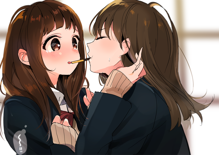 2girls bangs blazer bow bowtie brown_eyes brown_hair clenched_hands closed_eyes commentary_request food hair_tucking hand_on_another's_shoulder homua jacket long_hair long_sleeves looking_at_another multiple_girls open_mouth original pocky pocky_day pocky_kiss red_bow red_bowtie school_uniform shared_food upper_body wavy_mouth yuri