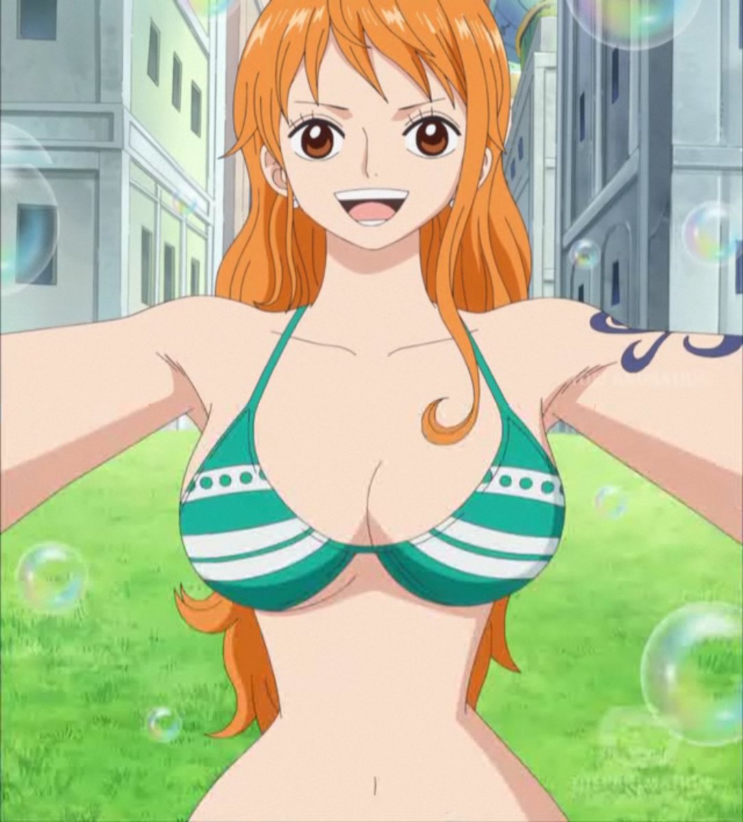 1girl breasts brown_eyes bubbles earrings jewelry large_breasts midriff nami_(one_piece) one_piece orange_hair screencap slender_waist stitched tattoo