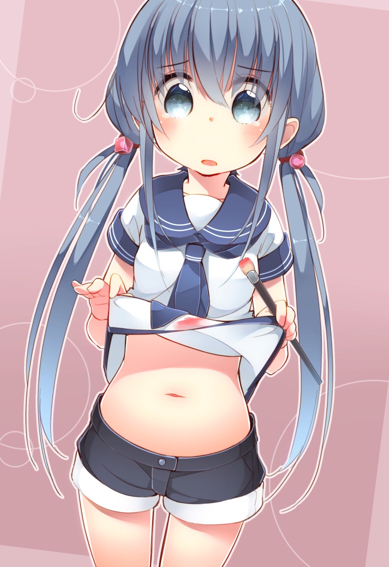 1girl blue_hair character_request low_twintails navel paint school_uniform serafuku shorts stomach twintails