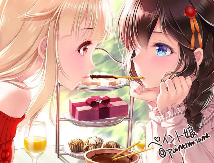 2girls black_hair blonde_hair blue_eyes box casual chin_rest chocolate commentary_request face-to-face gift gift_box hair_flaps hair_ornament kantai_collection licking multiple_girls pocky_day red_eyes remodel_(kantai_collection) shigure_(kantai_collection) tongue tongue_out twitter_username youqiniang yuri yuudachi_(kantai_collection)