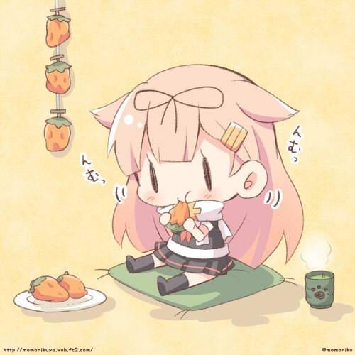 1girl :t black_ribbon black_serafuku black_skirt blonde_hair chibi cushion eating food fruit full_body green_tea hair_flaps hair_ornament hair_ribbon hairclip holding holding_food kantai_collection long_hair lowres miniskirt momoniku_(taretare-13) motion_blur neckerchief paw_print persimmon plate remodel_(kantai_collection) ribbon scarf school_uniform serafuku shadow sitting skirt solo steam tea twitter_username watermark web_address white_scarf yellow_background yunomi yuudachi_(kantai_collection)