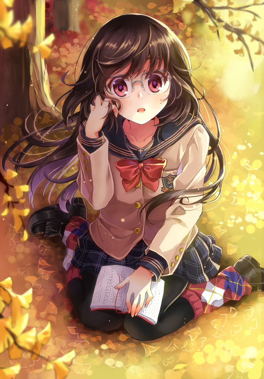 1girl autumn autumn_leaves bangs black_hair black_legwear black_shoes book bow bowtie collarbone commentary_request emblem eyebrows eyebrows_visible_through_hair from_above glasses highres leg_warmers long_hair long_sleeves looking_at_viewer mole nekozuki_yuki on_ground original outdoors over-rim_glasses pantyhose parted_lips plaid plaid_skirt pleated_skirt pocket red_bow red_bowtie red_eyes sailor_collar school_uniform semi-rimless_glasses serafuku shiny shiny_hair shoes sitting skirt solo tree wariza