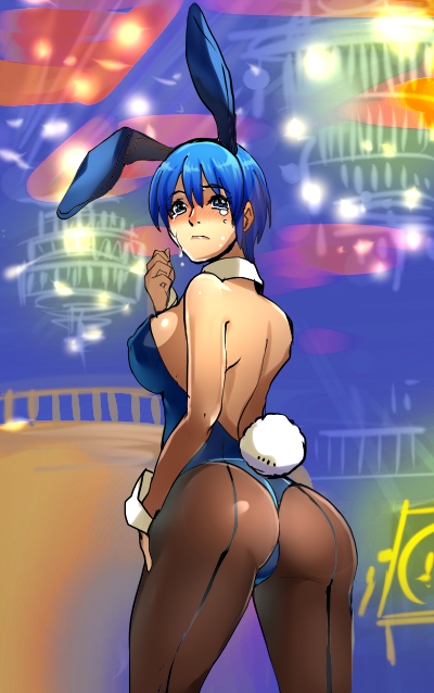 1girl 9tt6 animal_ears ass blue_eyes blue_hair blush breasts bunny_girl bunny_tail crying fire_emblem fire_emblem:_mystery_of_the_emblem genderswap genderswap_(mtf) intelligent_systems large_breasts looking_back marth marth_(fire_emblem) nintendo pantyhose parted_lips rabbit_ears sad short_hair sideboob tail tears wrist_cuffs