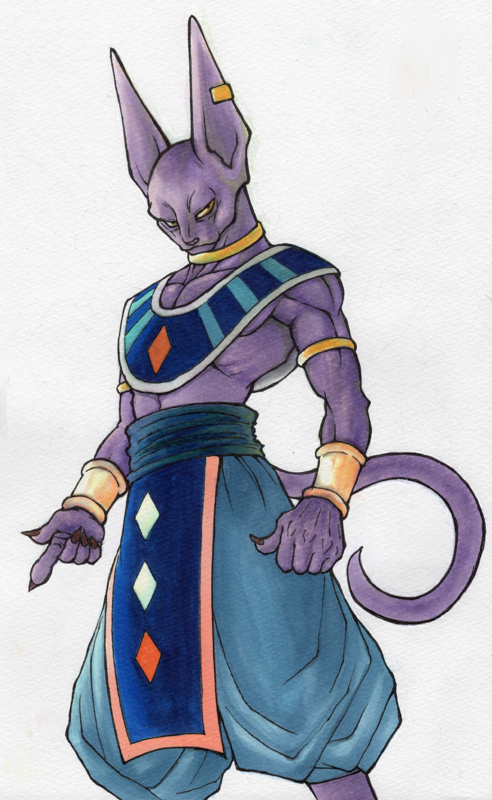 :3 bare_shoulders bracelet cat_ears deity dragon_ball dragonball_z dragonball_z_battle_of_gods god_of_destruction_beerus highres jewelry monster muscle purple_skin traditional_art wristband