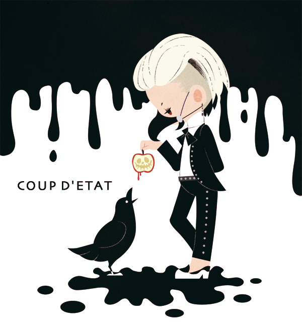 1boy apple bigbang bird blonde_hair chibi crow earring food fruit g-dragon k-pop male_focus mask solo splatter standing suit two-tone_hair