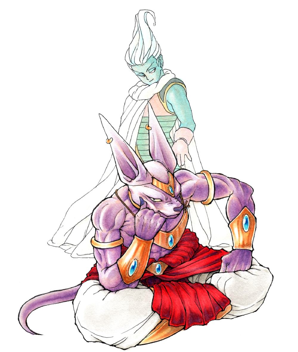 2boys armor bare_shoulders bracelet broly cat_ears deity dragon_ball dragonball_z dragonball_z_battle_of_gods god_of_destruction_beerus jewelry monster multiple_boys muscle paragus purple_skin tail whis