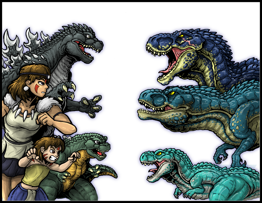 2girls battle dinosaur facial_markings family father_and_daughter giantess godzilla godzilla_(series) godzilla_junior kaijuu king_kong mononoke_hime mother_and_daughter mother_and_son san standoff studio_ghibli vastatosaurus_rex