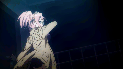 1girl animated animated_gif bouncing_breasts breasts nashida_oriha pink_hair solo triage_x twintails