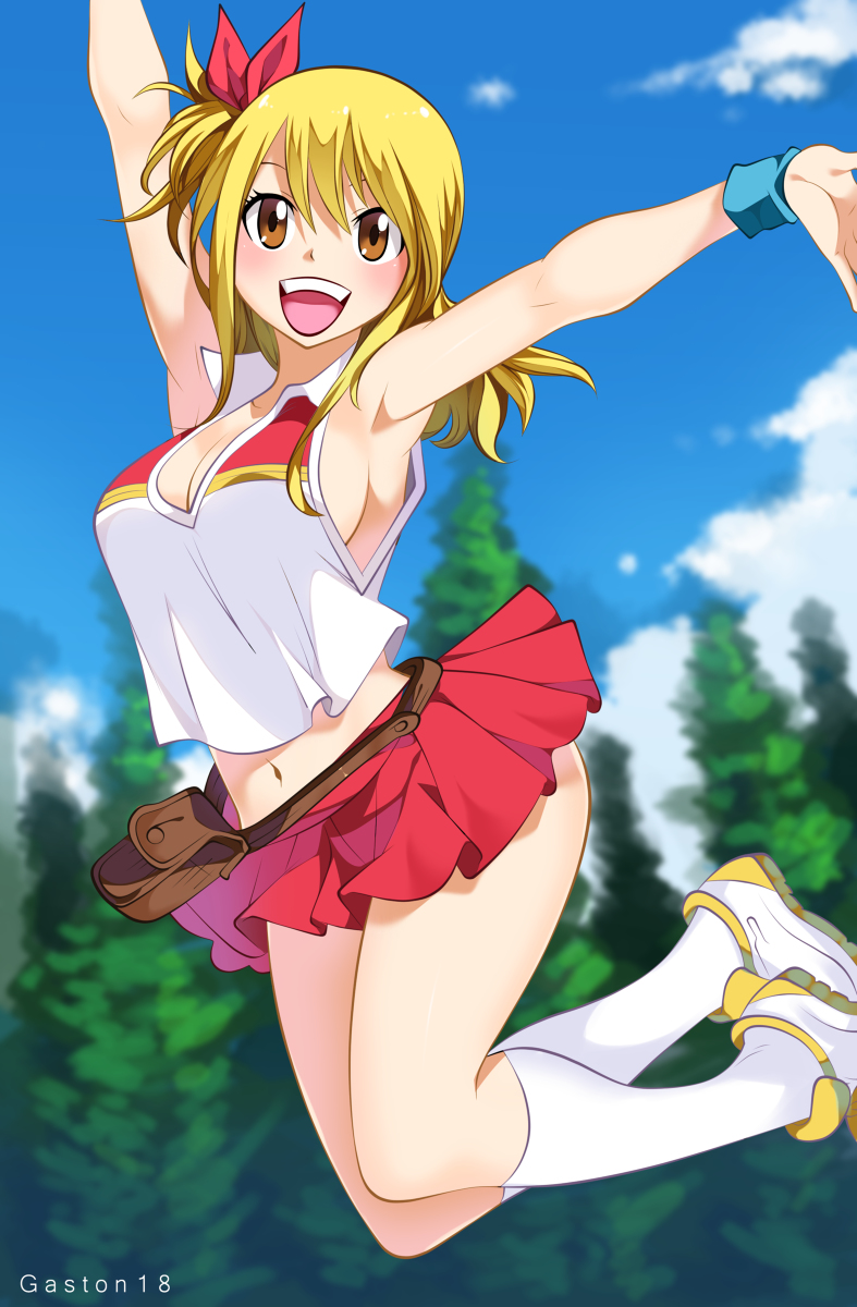 1girl blonde_hair blush breasts brown_eyes cleavage clouds fairy_tail gaston18 hair_ribbon jumping long_hair lucy_heartfilia navel open_mouth ribbon sideboob skirt sky smile solo tagme tree white_legwear