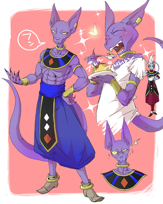 bare_shoulders bracelet cat_ears deity dragon_ball dragonball_z dragonball_z_battle_of_gods god_of_destruction_beerus happy jewelry monster muscle no_humans pudding purple_skin tail whis wristband