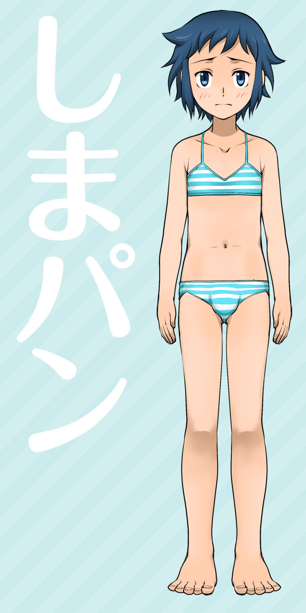 1boy bikini blue_eyes blue_hair blush bulge crossdressinging gundam gundam_build_fighters highres iori_sei male_focus short_hair solo striped striped_bikini striped_swimsuit swimsuit torajimaneko