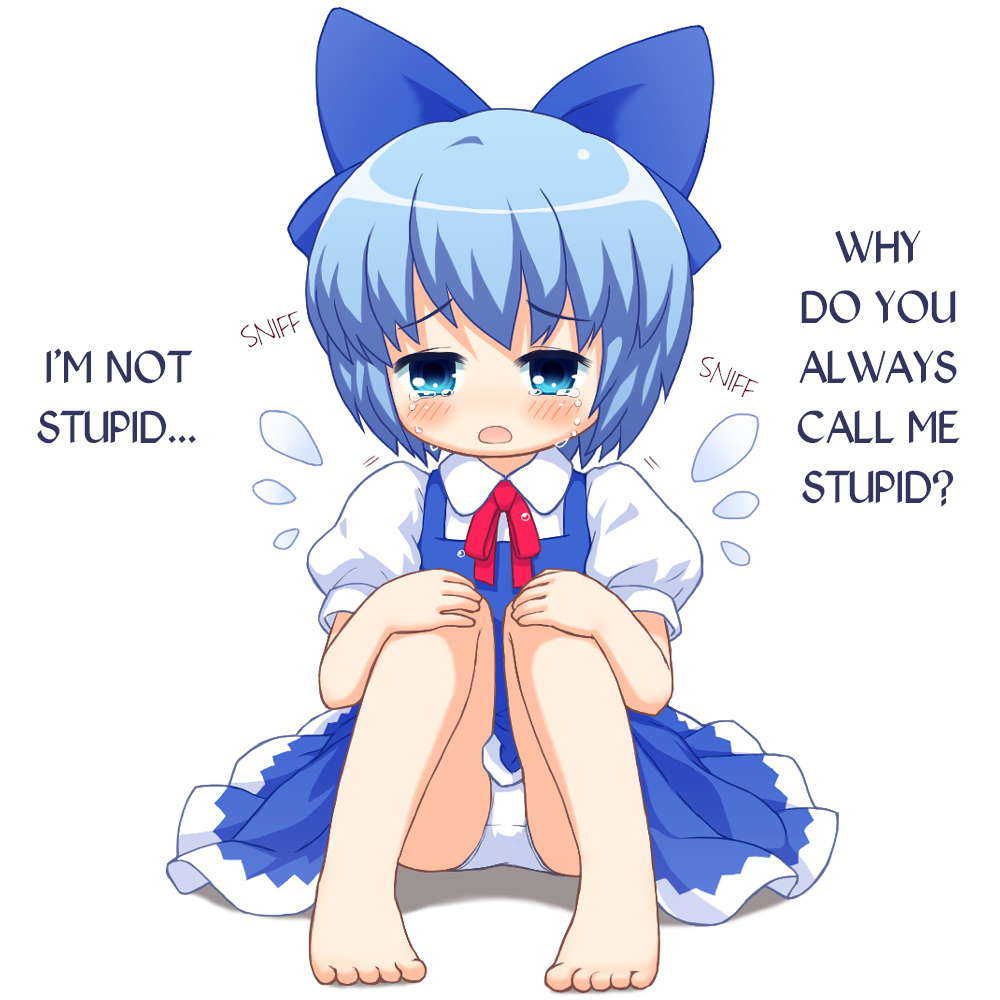 1girl barefoot bebeneko blue_bow blue_eyes blue_hair bow cirno commentary crying crying_with_eyes_open hair_bow hard_translated open_mouth panties pantyshot short_hair short_sleeves simple_background solo tears touhou translated underwear white_background white_panties