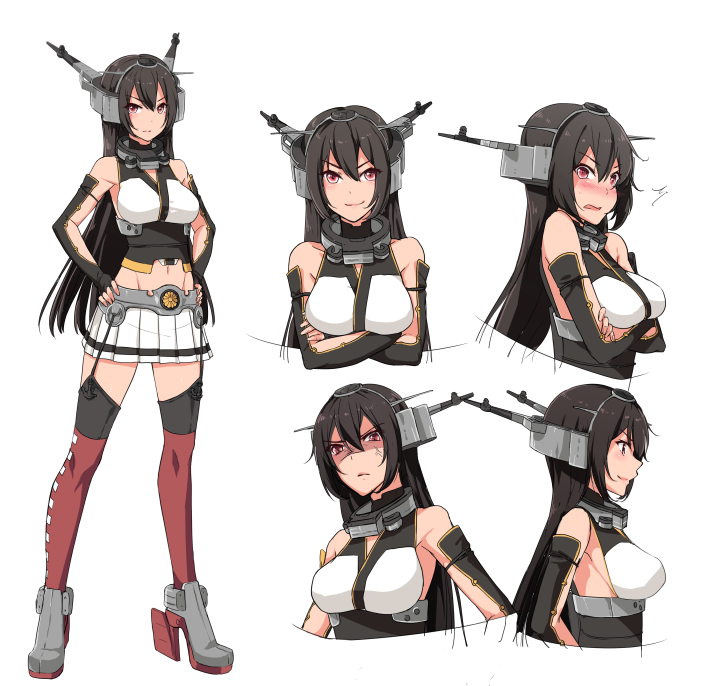 1girl anger_vein angry bare_shoulders black_hair blush breasts crossed_arms expressions full_body garter_straps gloves hair_between_eyes hands_on_hips headgear high_heels kantai_collection kyara36 long_hair looking_at_viewer midriff miniskirt nagato_(kantai_collection) pleated_skirt red_eyes shirt shocked_eyes skirt sleeveless sleeveless_shirt smile solo standing thigh-highs upper_body white_skirt