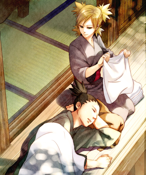 1boy 1girl black_hair blanket blonde_hair closed_eyes couple folding hatomugi_(htmg_nrt) japanese_clothes lap_pillow nara_shikamaru naruto quad_tails sleeping temari topknot