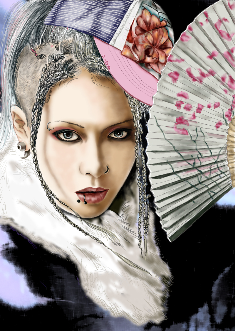 1boy asymmetrical_hair blonde_hair blue_eyes braid earring fan folding_fan hat j-rock lip_ring male_focus miyavi musician nose_ring piercing realistic side_shave solo visual_kei