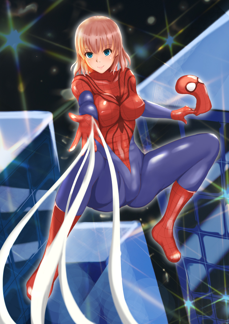 1girl blonde_hair blue_eyes bodysuit brown_hair clothed_navel collarbone marvel mask mask_removed norte redhead smile solo spider-girl spider-man_(series)