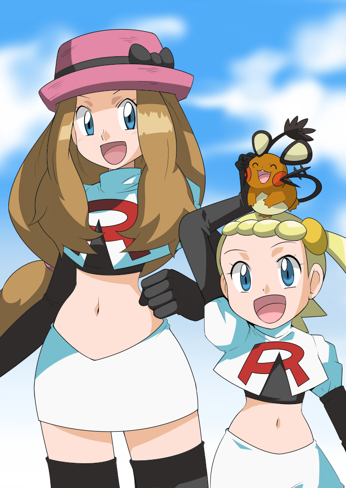 blonde_hair blue_eyes blue_hair brown_hair child dedenne eureka_(pokemon) hainchu navel pokemon serena_(pokemon) team_rocket_(cosplay)