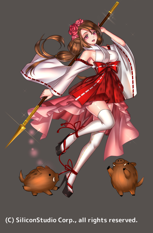 1girl bare_shoulders boar breasts brown_hair flower hair_flower hair_ornament halterneck high_heels japanese_clothes large_breasts long_hair looking_at_viewer miko no_bra nontraditional_miko ryuki@maguro-ex shrine_maiden simple_background staff tagme thigh-highs wide_sleeves wild_boar zettai_ryouiki